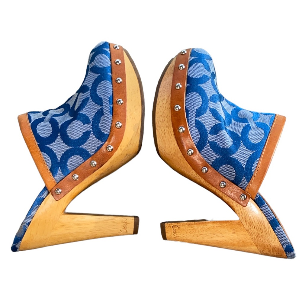 COACH Vintage Bacall Signature Logo Blue Platform Heeled Clogs Mules - 5 - Picture 8 of 14